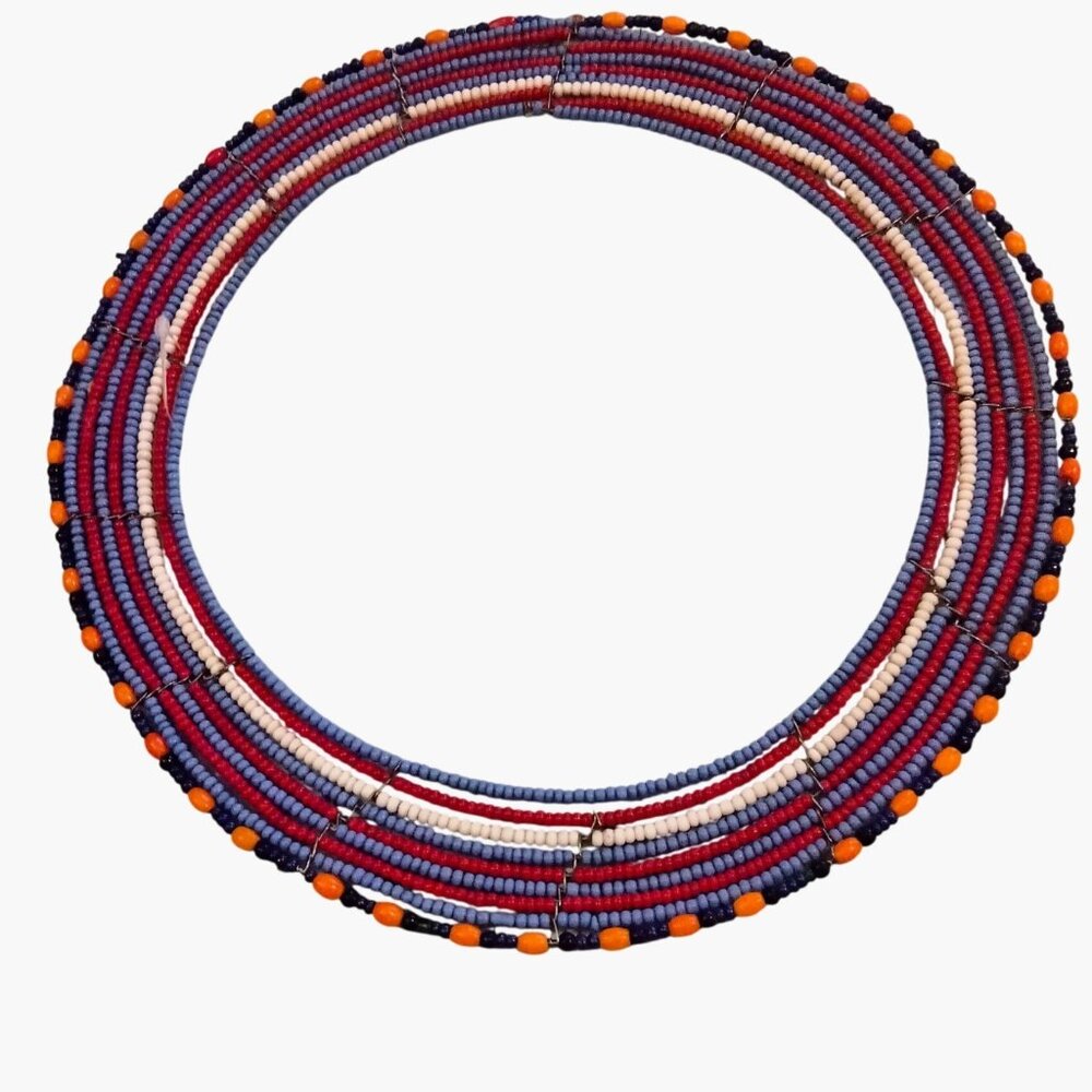 Handmade Maasai Inspired Beaded Necklace Red White Blue Orange